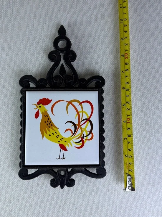 Vintage Cherry Japan Cast Iron Trivet – Rooster Ceramic Tile | Wall Hanging - Picture 4 of 9